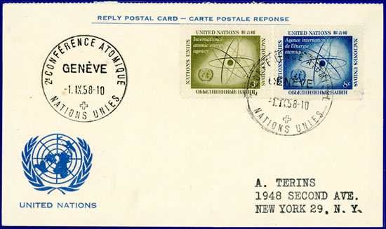 Oblitération 2ème conférence atomique sur carte postale réponse