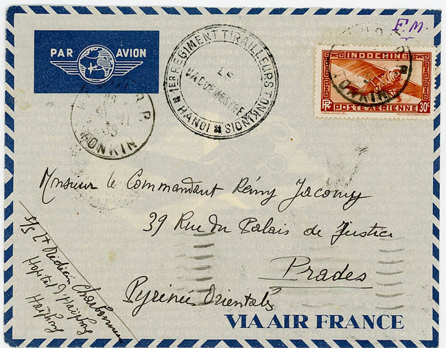 Lettre avion en FM voie de surface nov 39 sans censure