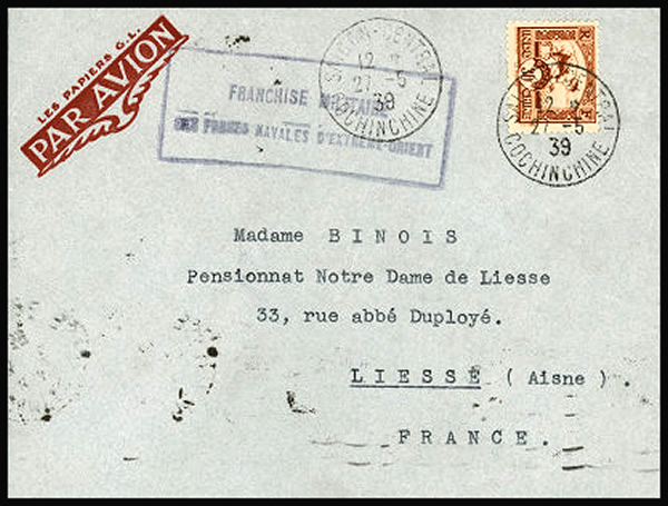 Lettre par avion en franchise parteille 1939
