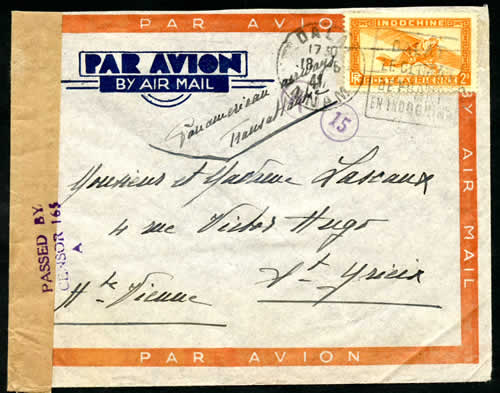 Lettre de Dalat pour la Haure-Vienne mai 1941 tarif 1$90/5g