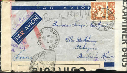 Lettre du Tonkin pour Aubagne 1941 via Bagdad