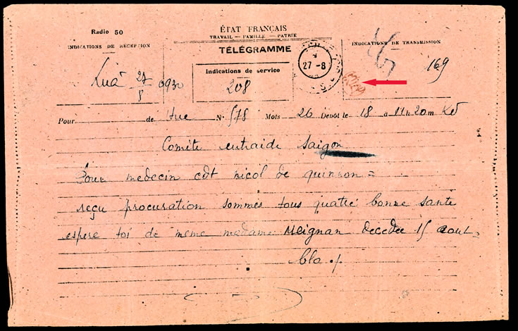 Télégramme civil Hué Saigon 27-8-45