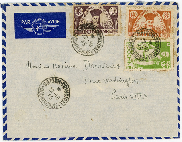 Lettre par avion militaire de Saïgon à Paris  2ème échelon-octobre 1945