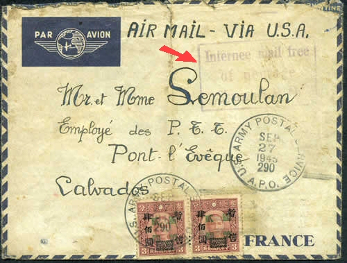 Prisonniers français à Shanghai lettre par avion