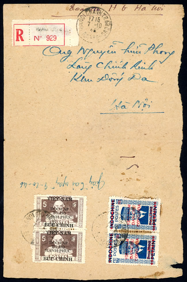Lettre recommandée affranchie avec timbres Pétain surcharge Vietminh
