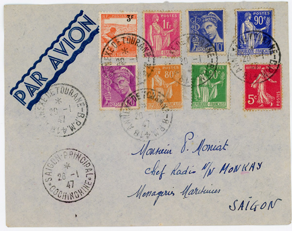 Lettre de l'annexe civile de Tourane affranchie en timbres français