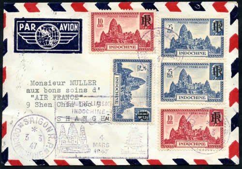 FFC Saigon Shanghai avec timbres Pétain