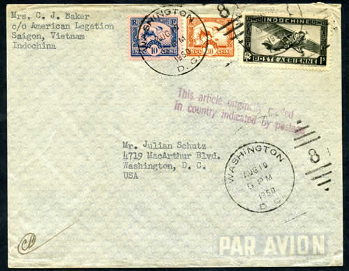 Courrier de la légation US timbres indochine