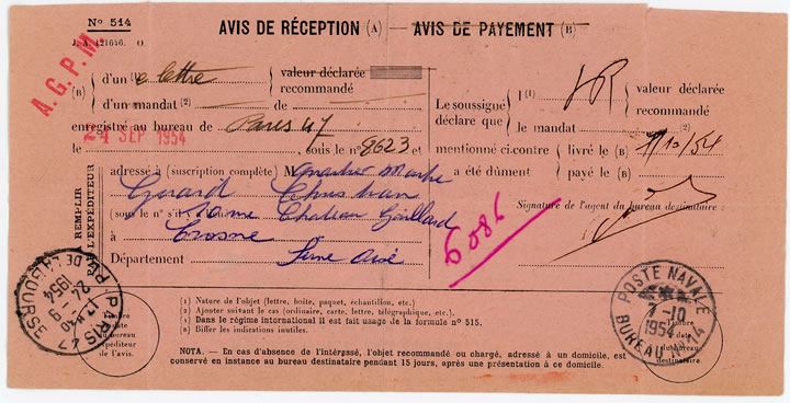 Avis de réception du Bureau Naval 14 de 1954