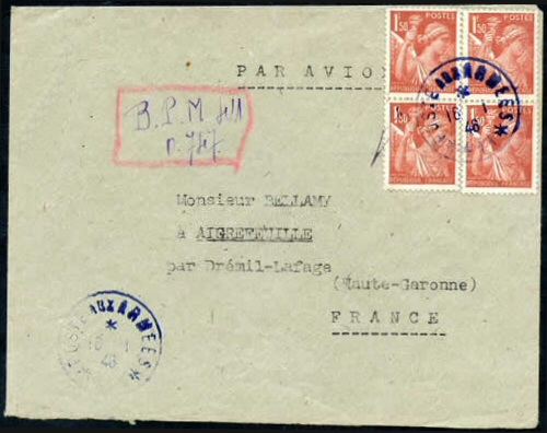 BPM 411 de Hanoi janvier 1946 oblitération bleue