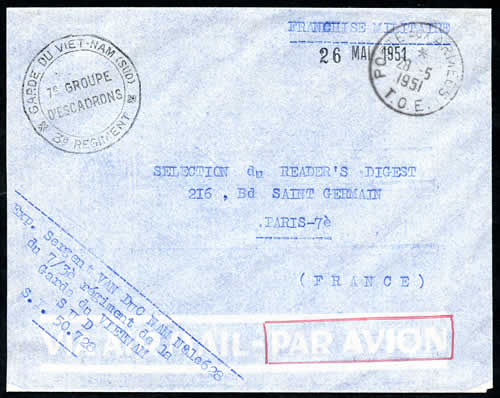 Lettre d'un soldat de la garde du Vietnam SP français oblitération Poste aux Armées