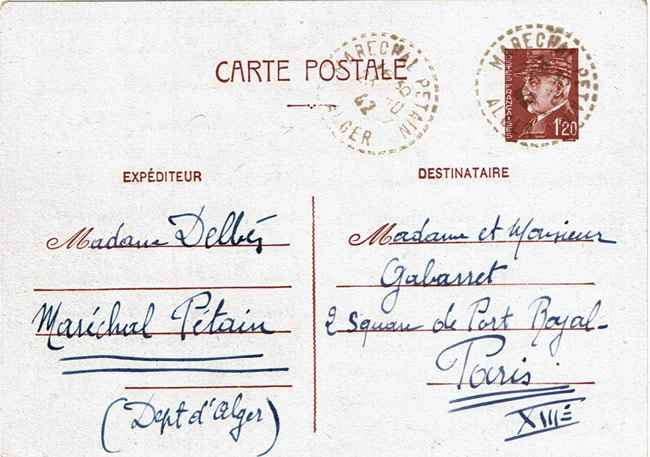 Entier Pétain oblitéré du village Maréchal Pétain en Algérie