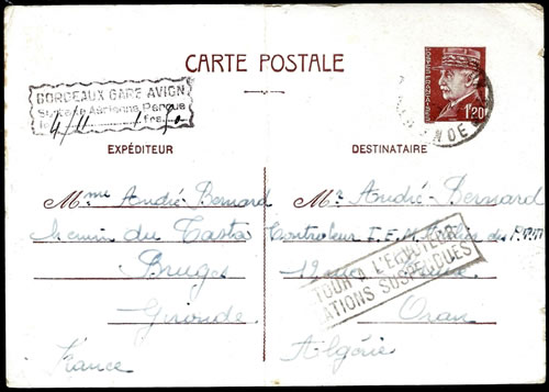 Carte postale Pétain pour l'Algérie avec griffe de surtaxe aérienne de Bordeaux