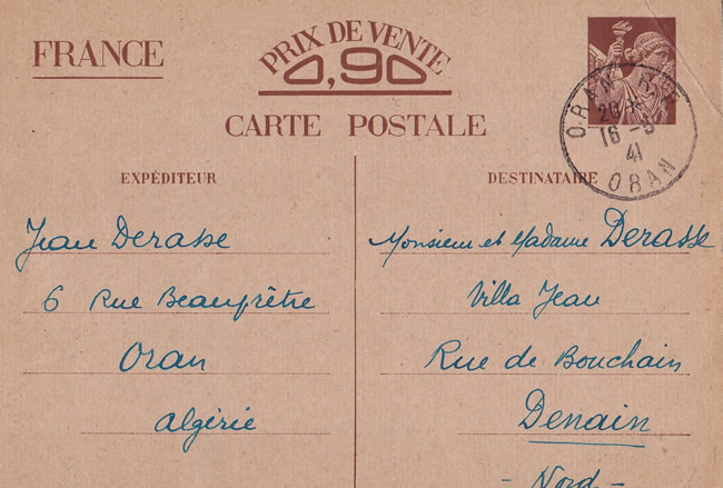 Carte interzones de métropole utilisée à Oran 1941