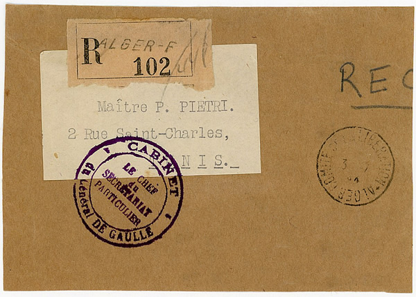 Lettre recommandée du secrétariat du général de Gaulle à Alger