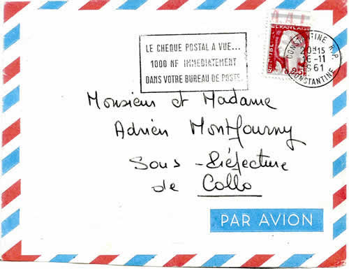 timbre 0.25 AAL sur lettre de 1961