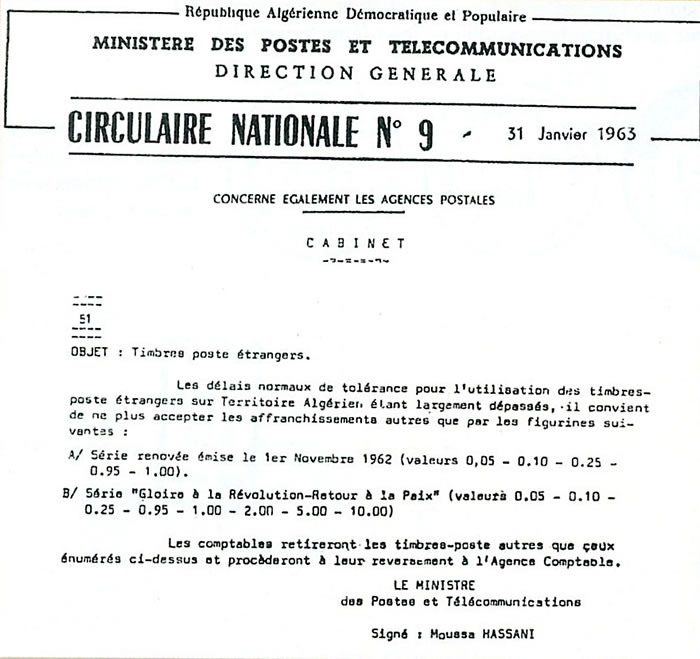 Circulaire du 31 janvier 1963 indiquant que les timbres français surchargés ne sont plus valables